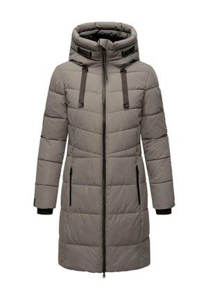 Veste grise rembourrée avec un col haut, une capuche réglable, une texture matelassée, des poches latérales zippées et des accents de zip noirs. Manches longues avec poignets.