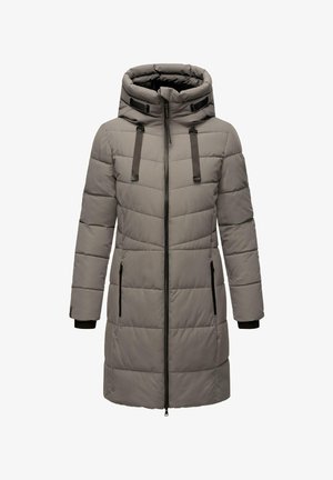 Pehme jahe hall jakk kõrge kaelusega, reguleeritava kapuutsiga, tikanditekstuuriga, külgsuletavad taskud ja mustad lukkuaktsendid. Pikad varrukad mansettidega.