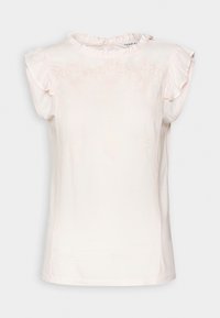 Blouse à manches courtes, rose clair, avec un col froncé, présentant une broderie florale subtile et un motif texturé sur le tissu.