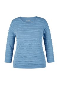 Hellblaues Langarm-Shirt für Frauen mit strukturierten horizontalen Streifen und rundem Halsausschnitt.