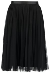 Jupe en tulle noir avec une taille ajustée et une texture douce en couches. Présente un détail en satin lisse autour de la taille, design longueur genoux.