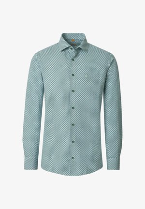 Hellblaues, langärmliges Hemd mit Knopfleiste, kleinen dunklen geometrischen Mustern und klassischem Kragen.