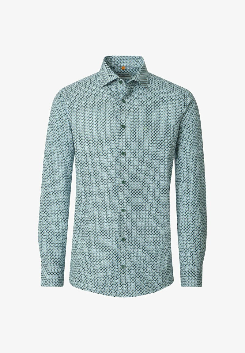 Lyseblå skjorte med lange ærmer, knapper foran, et lille mørkt geometrisk mønster og klassisk krave.