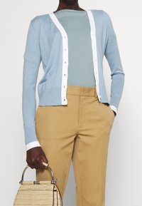 Ljusblå cardigan med vit detaljer, långa ärmar och knappstängning, matchad med en mintgrön topp och beige byxor. Håller en krämfärgad väska.