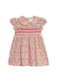 Robe fleurie avec des manches ballons courtes, fleurs rouges et roses sur un fond crème, corsage smocké et large col rond.