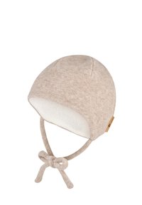 Soft beige baby hat with ear flaps, fleece lining, and tied straps for securing under the chin.