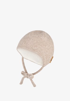 Weiche beiger Babyhut mit Ohrenklappen, Fleece-Futter und gebundenen Riemen zum Sichern unter dem Kinn.