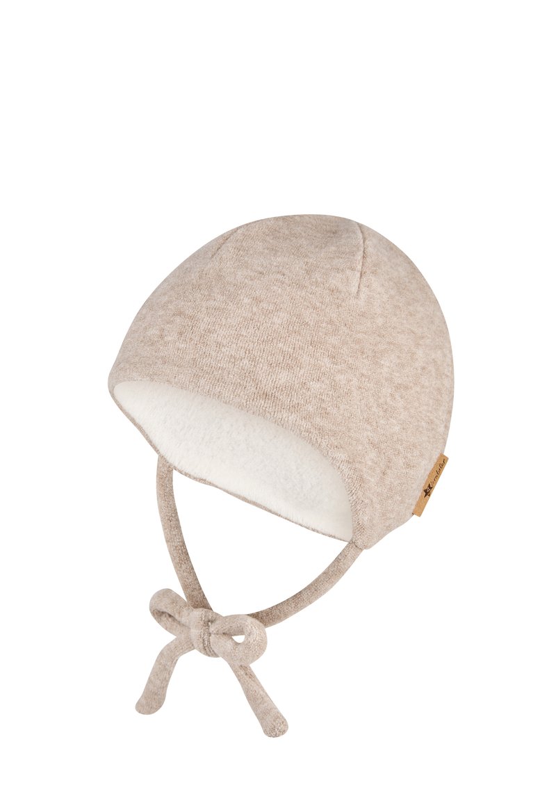 Soft beige baby hat with ear flaps, fleece lining, and tied straps for securing under the chin.