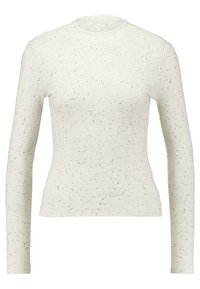 Sweater de malha canelada de mangas longas em creme com manchas pretas. Design ajustado, gola redonda, tecido texturizado.