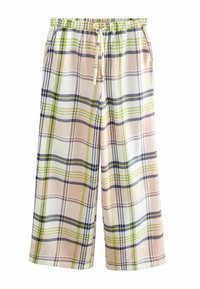 Plaid wide-leg pants in pastel tones of pink, green, and navy, featuring a drawstring waist and side pockets. Soft fabric, relaxed fit.