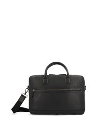 Black leather briefcase, rectangular shape, smooth texture, double top handles, adjustable shoulder strap, front zip pocket, minimal hardware.