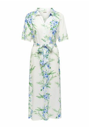 Biele midi šaty s krátkymi rukávmi, modrým kvetinovým vzorom, gombíkmi vpredu, golierom a opaskom zo zladeného materiálu na uviazanie v páse.