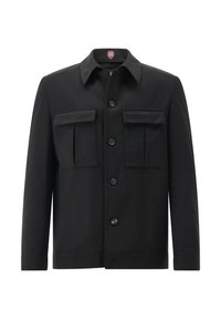 Black jacket with a pointed collar, front button closure, two chest pockets, and long sleeves. Made from smooth fabric.