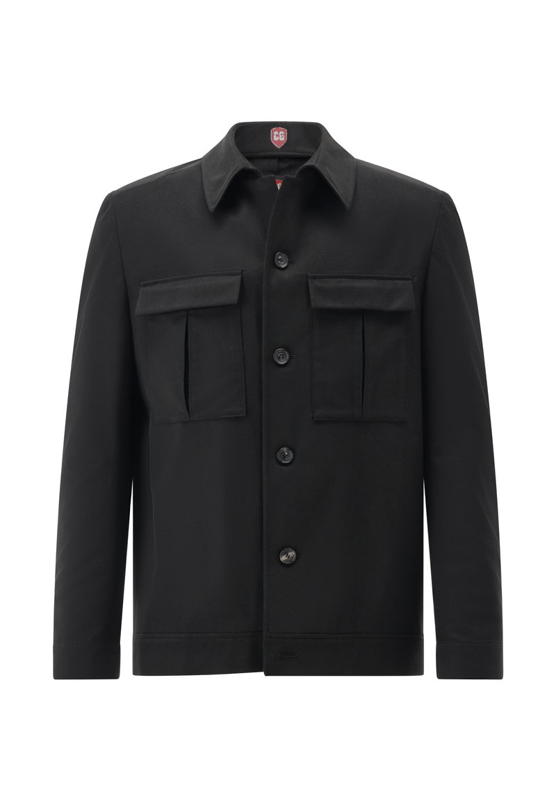 Black jacket with a pointed collar, front button closure, two chest pockets, and long sleeves. Made from smooth fabric.