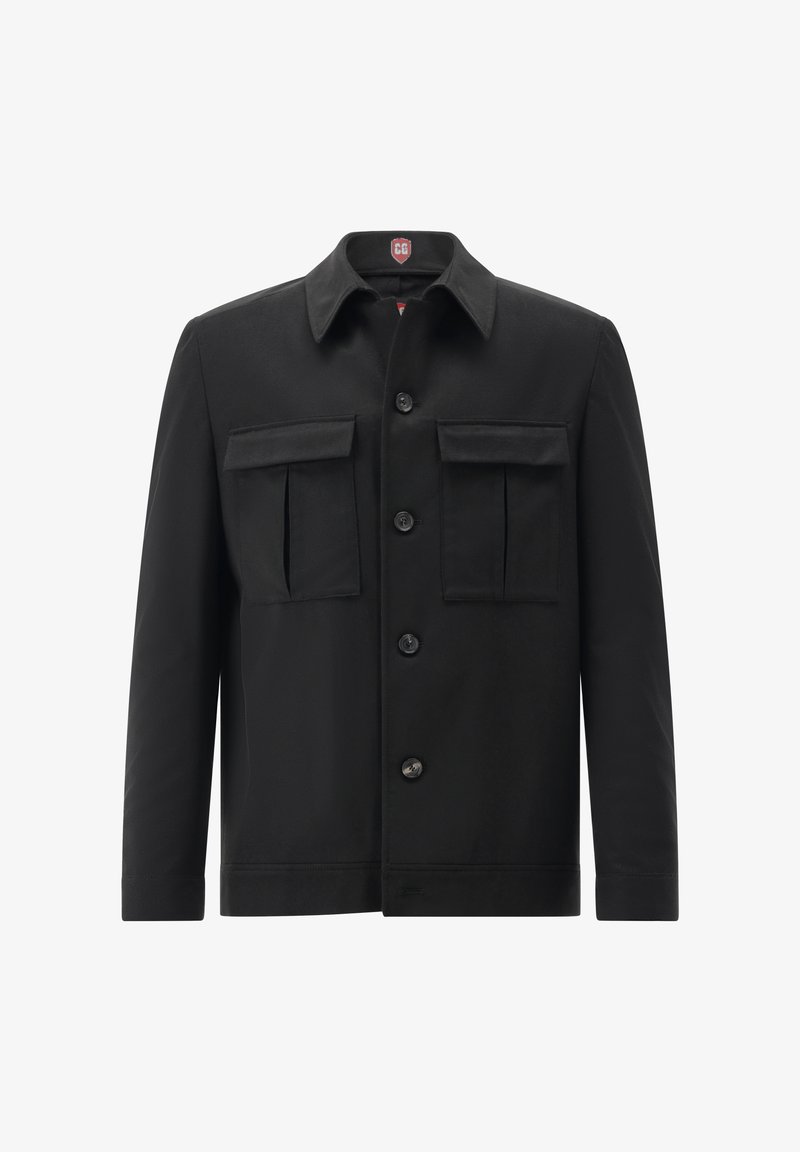 Black jacket with a pointed collar, front button closure, two chest pockets, and long sleeves. Made from smooth fabric.