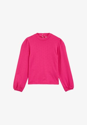 Fuksija dolgi rokav s teksturiranim vzorcem, okroglo izrezom in z gumbnico na hrbtni strani. Sproščeni rokavi se zožijo pri manšetah.