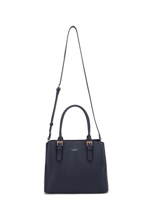Borsa a mano in pelle blu navy con due manici superiori, una tracolla regolabile e dettagli con fibbie dorate.