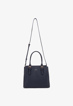 Marineblauwe leren handtas met twee bovenhandvatten, een verstelbare schouderriem en gouden gespsluitingen.