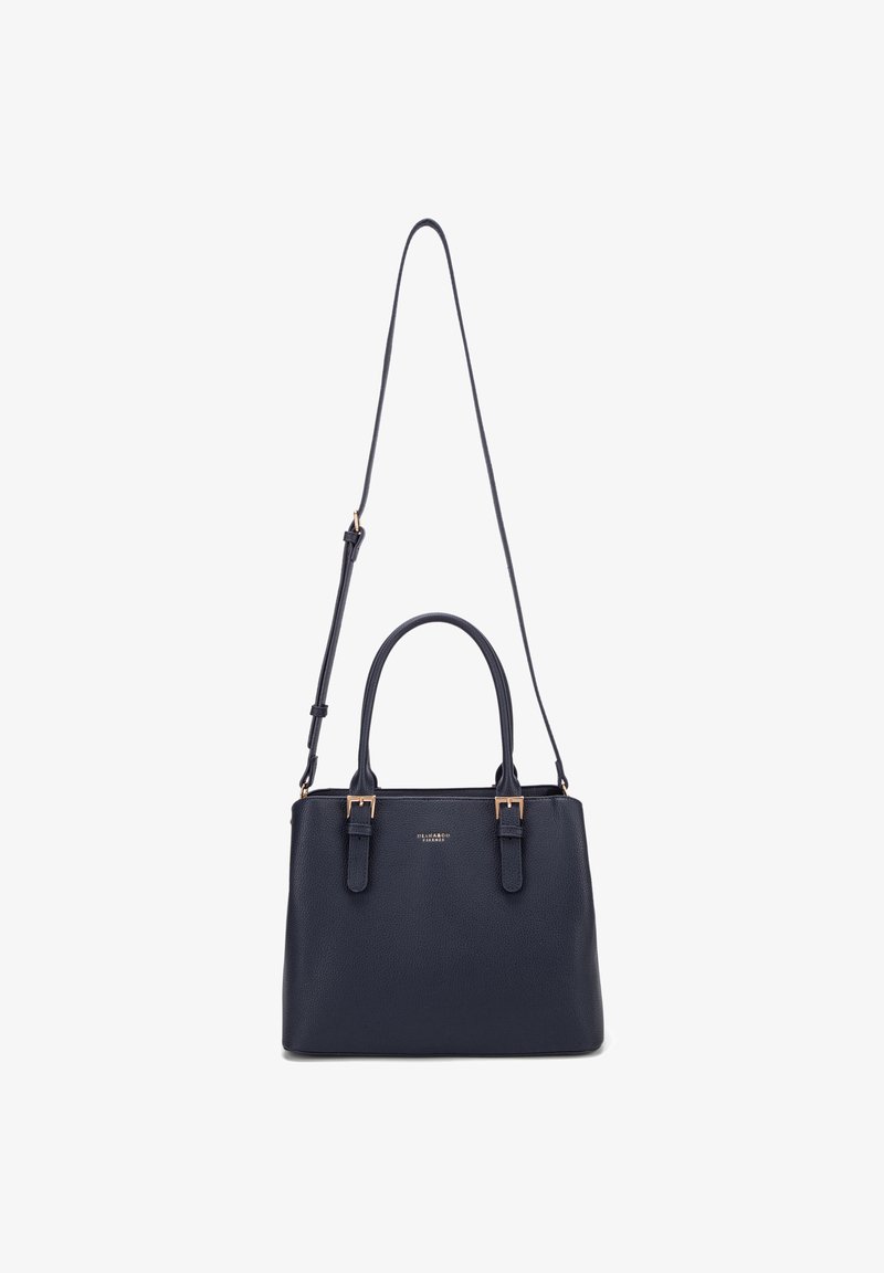 Sac à main en cuir bleu marine avec deux poignées supérieures, une bandoulière ajustable et des accents de boucle dorée.
