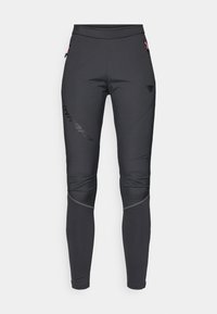 Zwarte sportleggings met een strak ontwerp, voorzien van een matte afwerking, reflecterende accenten, zijzakken en een logo op de linker dij.