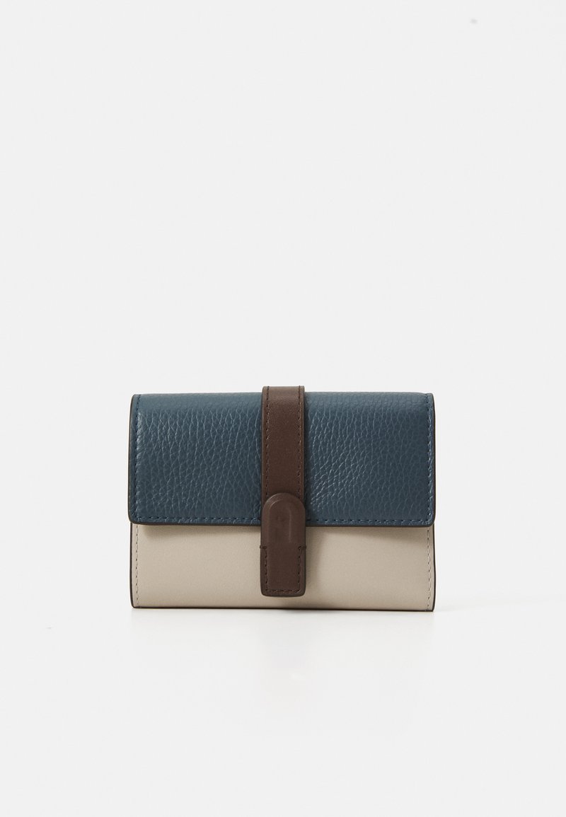 Leather wallet featuring a textured dark blue top, smooth light beige bottom, and a brown strap accent with a rounded closure.