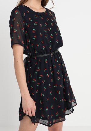 Black short dress with red floral print, lightweight fabric, gathered waist, and a thin black belt, featuring short sleeves and a flared skirt.