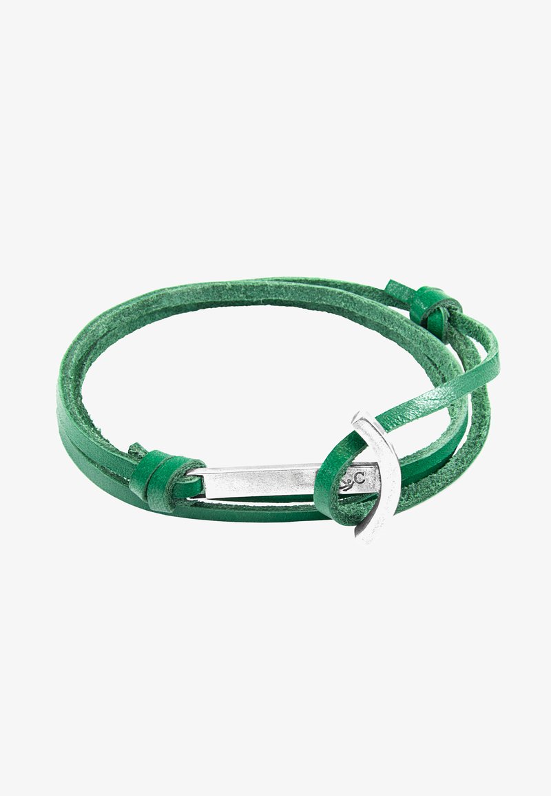 Green leather bracelet with two intertwined strands and a silver-toned metal clasp. Smooth texture with a subtle shine.