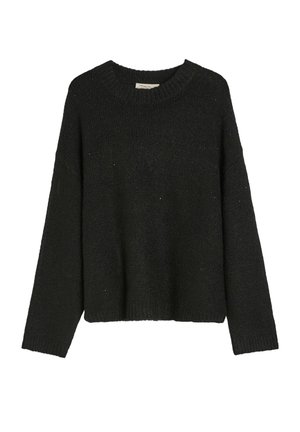 Czarny sweter dzianinowy z okrągłym dekoltem i długimi rękawami, o luźnym kroju i teksturowanej tkaninie. Brak widocznych wzorów lub akcentów.