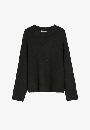 Czarny sweter dzianinowy z okrągłym dekoltem i długimi rękawami, o luźnym kroju i teksturowanej tkaninie. Brak widocznych wzorów lub akcentów.