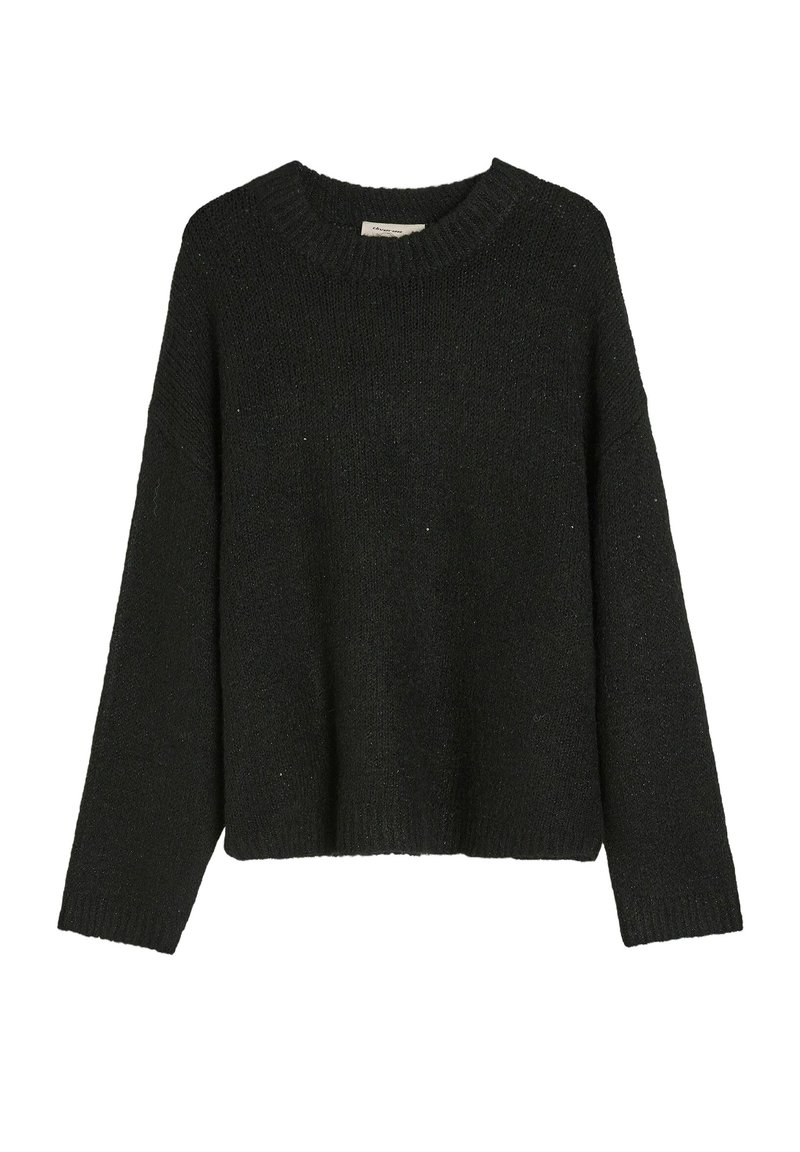 Czarny sweter dzianinowy z okrągłym dekoltem i długimi rękawami, o luźnym kroju i teksturowanej tkaninie. Brak widocznych wzorów lub akcentów.