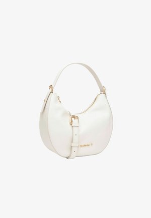 White leather handbag with a semi-circular shape, gold hardware accents, adjustable strap, and a zippered closure. Logo visible on the front.