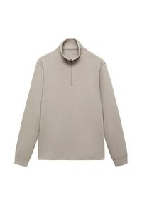 Pulóver beige con cuello de cremallera a cuarto, mangas largas y una textura suave. Diseño minimalista, sin patrones ni acentos visibles.