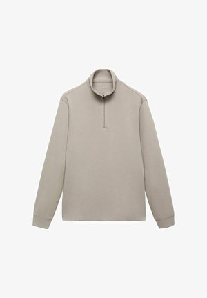 Pulóver beige con cuello de cremallera a cuarto, mangas largas y una textura suave. Diseño minimalista, sin patrones ni acentos visibles.