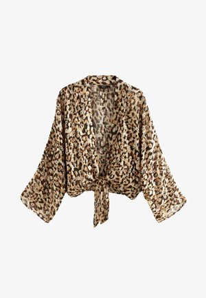 Leopardi-kuosi cropped kimono-takki, kevyt kangas, väljä malli, avonainen etu, jossa nauhakiinnitys, leveät hihat, beige ja ruskeat sävyt.