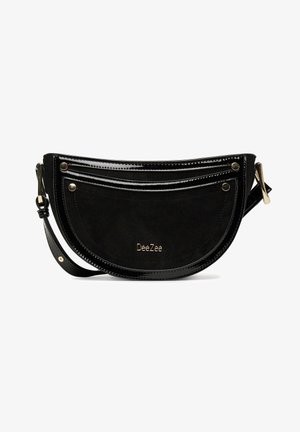 Bolso de media luna Black DeeZee con cuerpo de ante, ribete brillante de charol, correa ajustable, bolsillo frontal y herrajes en tono dorado.