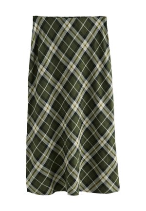 Jupe midi à motif écossais vert foncé, blanc et marron avec une légère évasement à l'ourlet.