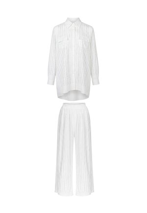 White two-piece outfit with a long-sleeve button-up shirt and wide-leg pants, both featuring thin vertical silver stripes. No people visible.