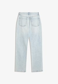 Light blue denim jeans with a straight leg design, five pockets, and visible stitching details. Back view shows two patch pockets.
