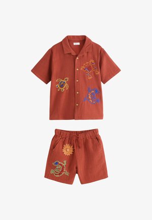 Kurzärmeliges Hemd mit Knöpfen und Shorts in Rostfarbe mit bestickten bunten Tier- und Sonnenmotiven vorn.