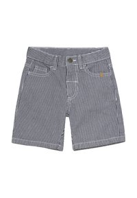 Randiga shorts i marinblått och vitt, gjorda av bomull, med knappstängning, två framfickor och kontrasterande sömmar.