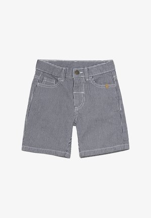 Shorts rayés en bleu marine et blanc, en coton, avec une fermeture à bouton, deux poches avant et des détails de couture contrastants.