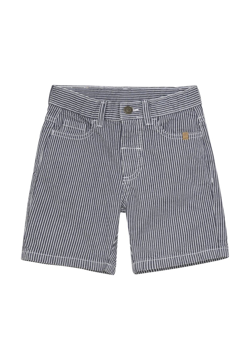 Gestreifte Shorts in Marineblau und Weiß, aus Baumwollmaterial gefertigt, mit Knopfverschluss, zwei Vorderaschen und kontrastierenden Nähten.