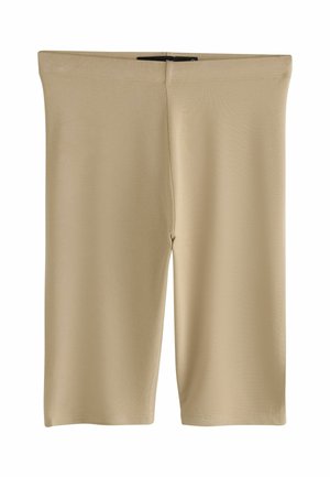 Beige, knielange, dehnbare Shorts mit glatter Textur und elastischem Bund, flach auf einem weißen Hintergrund liegend.