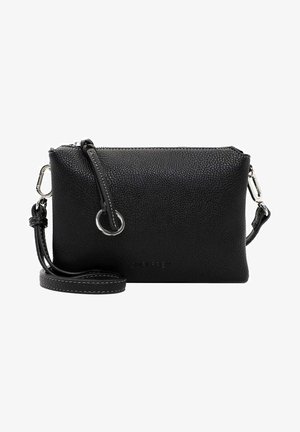 Black leather crossbody bag with a textured finish, zipper closure, detachable strap, and circular ring detail. Features brand name embossed.