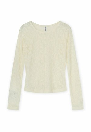 Dugi rukav, kremasta uska majica s nježnim cvjetnim uzorkom od čipke i okruglim izrezom, položena ravno na bijelu pozadinu.