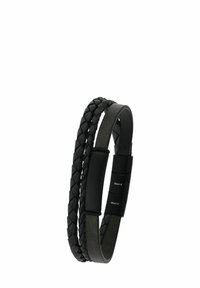 Bracciale da uomo in pelle nera con cinturini intrecciati e lisci e chiusura magnetica contrassegnata "Steel α."