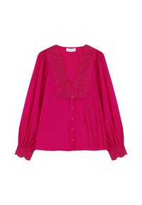 Blusa fucsia con scollatura in pizzo a onda, maniche lunghe a palloncino, chiusura con bottoni e dettagli in pizzo sui polsini. Tessuto di consistenza liscia.
