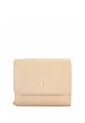 Beżowy skórzany portfel o fakturze strukturalnej, ze złotym logo na przodzie, z klapką oraz boczną kieszenią zamykaną na zamek.