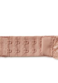 Cinghia di tessuto rosa chiaro con ganci, caratterizzata da dettagli testurizzati e pizzo su un'estremità. Superficie liscia e cuciture uniformi in tutto il prodotto.