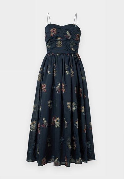 Robe midi noire sans manches avec fines bretelles, corsage froncé et motifs abstraits brodés multicolores.